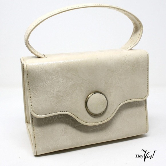Vintage Ivory White Patent Leather Look Pill Box Purse Handbag w Button -Hey Viv - Picture 1 of 8